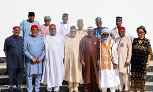 Governor Bala Mohammed in a group photograph with the Board of Trustees of the PDP led by its Chairman, Senator Adolphus Wabara, during a courtesy visit at the Government House, Bauchi on Wednesday.