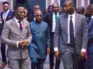 From left: Rev. Sam Oye, the Lead Pastor of The Transforming Church (TTC) and Dr Alex Otti, Governor of Abia with his aide.