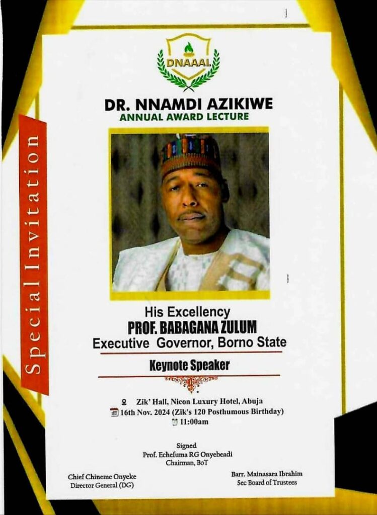 Zik Annual Award: Zulum nominated guest speaker, to deliver keynote lecture 2 IMG 20241022 WA0053