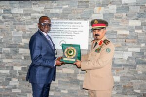 National Coordinator of NCTC, Maj.-Gen. Adamu Laka, and Maj.-Gen. Mohammed Al-Moghedi, Secretary-General of the Islamic Counter Terrorism Centre (IMCTC), Saudi Arabia, during a courtesy visit in Abuja
