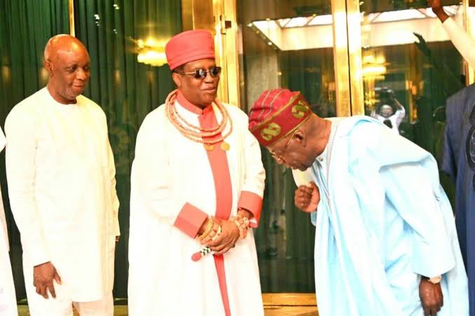 President Bola Tinubu greets Oba of Benin, Ewuare II
