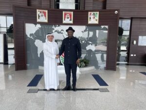 L-R: Al Ghaith, Emirates Senior Vice President Commercial Operations, Gulf, Middle East and Central Asia and Mr Festus Keyamo, SAN, the Minister of Aviation and Aerospace Development on Wednesday in Lagos.