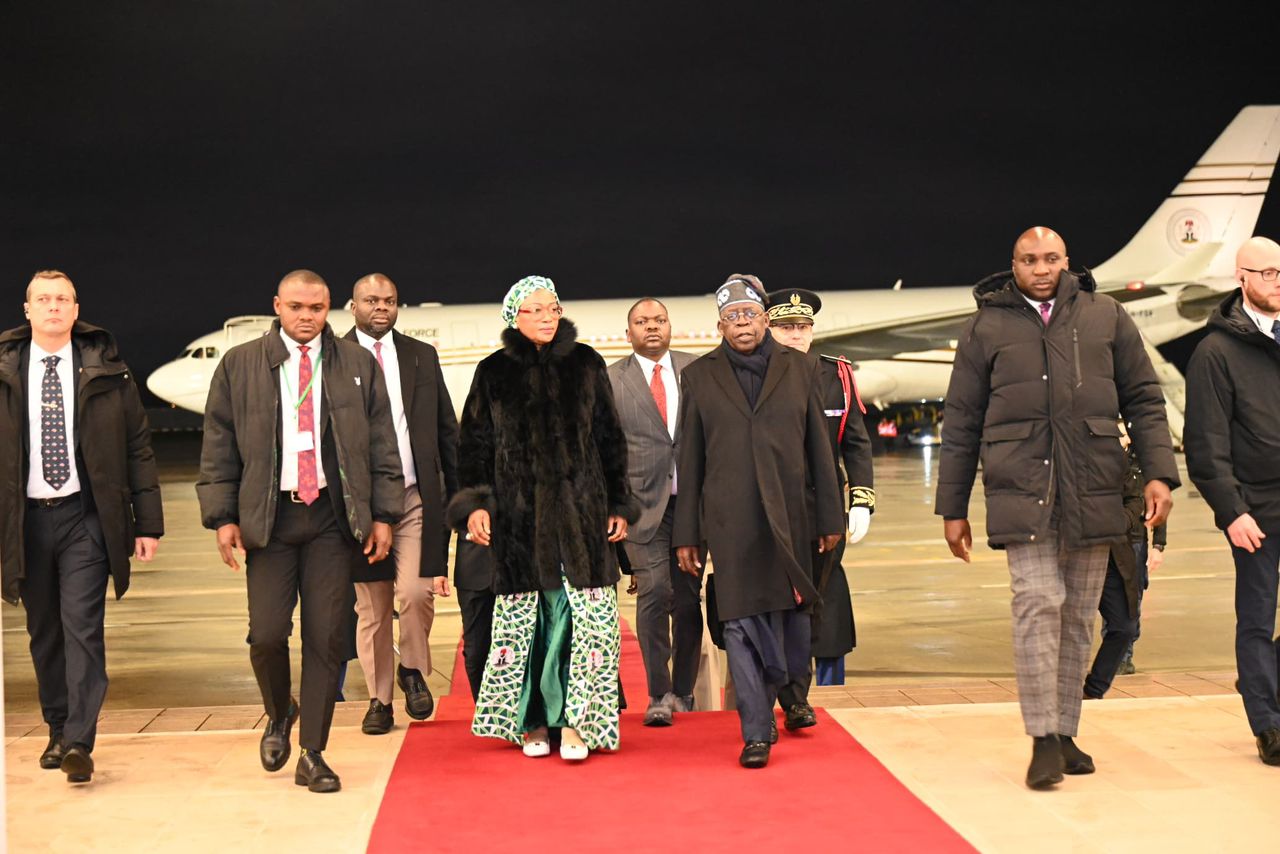 President Bola Tinubu, accompanied by Sen. Oluremi Tinubu, First Lady, on arrival in Paris on Wednesday evening for a three-day State Visit
