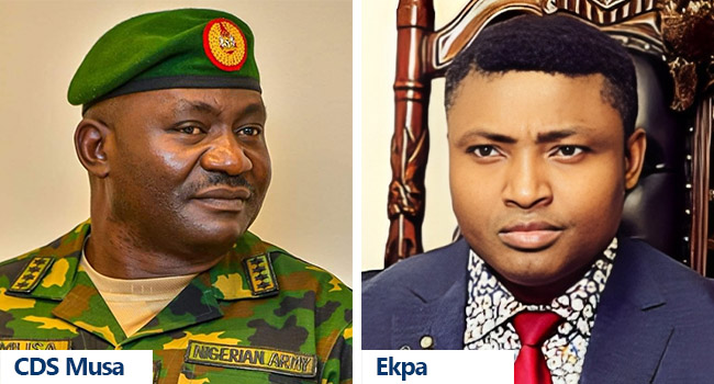 Chief of Defence Staff (CDS), Gen. Christopher Musa and the factional leader of the Indigenous Peoples of Biafra (IPOB), Simon Ekpa