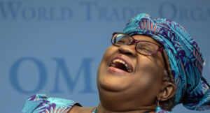 World Trade Organization WTO Director General Ngozi Okonjo Iweala reactsduring a Making trade sco