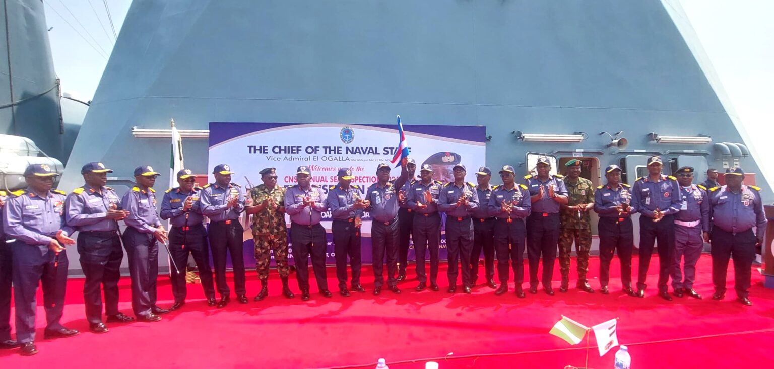 Chief of Naval Staff CNS Vice Admiral Emmanuel Ogalla raising a flag to mark the commencement of the 2024 CNS Annual Sea Inspection 1536x733 1