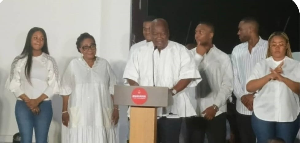 Ghanas President elect John Mahama surrounded by family members giving his acceptance Speech