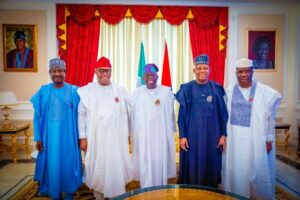 President Bola Tinubu (middle) with L-R: Deputy Senate President, Barau Jibrin, Senate President Godswill Akpabio, Vice President Kashim Shettima and Senate Majority Leader, Opeyemi Bamidele when the leadership of the National Assembly paid a new year homage to the President at his Ikoyi residence in Lagos. Jan.1