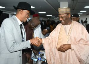 L-R, Julius Abure, national chairman Labour Party with Mahmood Yakubu, chairman Independent National Electoral Commission (INEC) during a meeting between chairman INEC and political party leaders in Abuja.