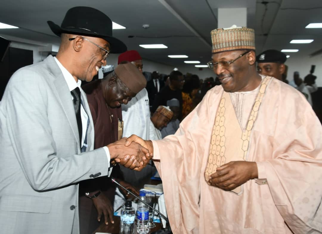 L-R, Julius Abure, national chairman Labour Party with Mahmood Yakubu, chairman Independent National Electoral Commission (INEC) during a meeting between chairman INEC and political party leaders in Abuja.