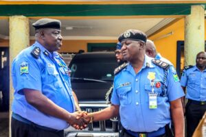 L R Newly appointed Commissioner of Police in Rivers CP Olugbenga Adewole and his predecessor AIG Mustapha Bala during a brief handover ceremony in Port Harcourt on Friday