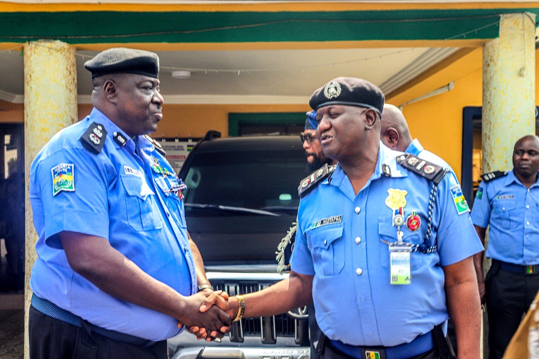 L R Newly appointed Commissioner of Police in Rivers CP Olugbenga Adewole and his predecessor AIG Mustapha Bala during a brief handover ceremony in Port Harcourt on Friday