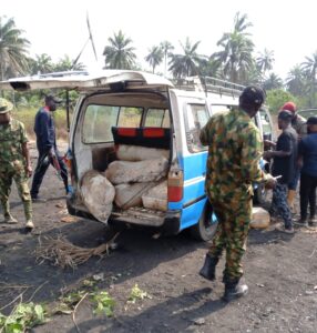 Nigerian Army 6 Division troops intercept a commercial bus on Monday on the Oguta Omoku Road in Rivers transporting over 1500 litres of stolen crude oil hidden in sack bags