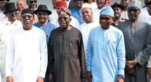 L-R: Governor Siminalayi Fubara, President Bola Tinubu, FCT Minister Nyesom Wike, NNPCL boss Mele Kyari and Ogoni leaders after a meeting in Abuja on January 21, 2025