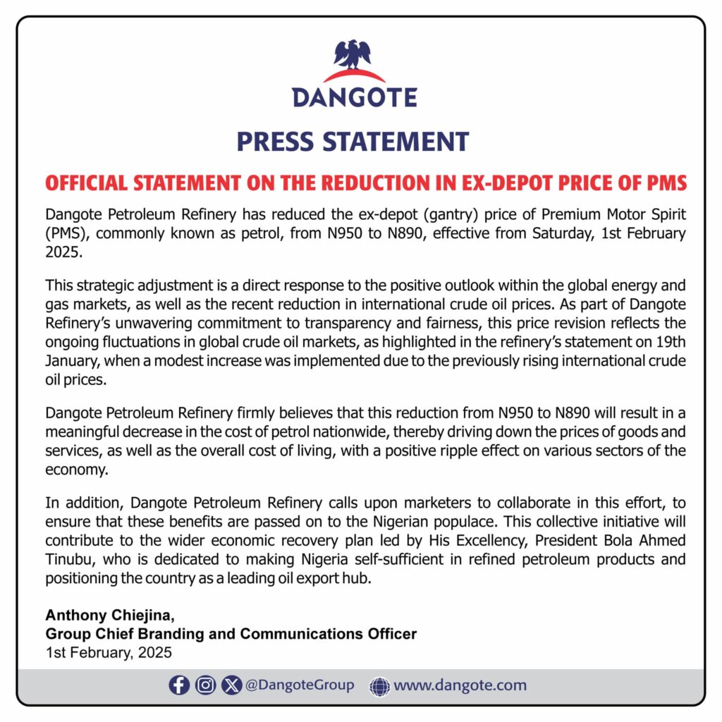 Dangote Refinery reduces petrol price from N950 to N890 per liter 2 Dangote refinery