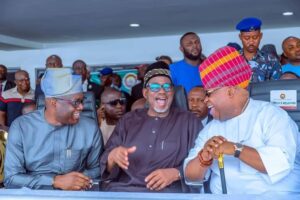 From L-R: Gov. Seyi Makinde of Oyo State, his Bauchi counterpart, Bala Mohammed and Gov. Ademola Adeleke at the swearing-in ceremony in Osogbo