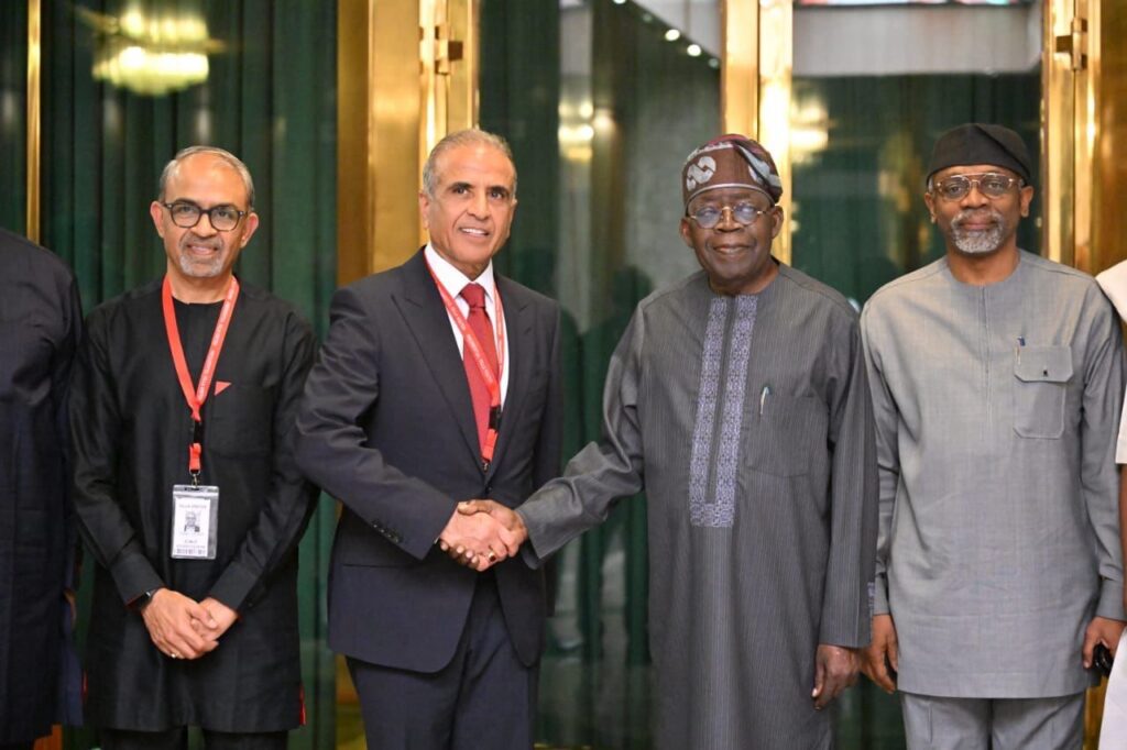 President Bola Tinubu with Chairman Airtel, Sunil Mittal; Chief Executive Officer Airtel, Dinesh Balsingh and the Chief of Staff, Femi Gbajabiamila at the Presidential Villa, Abuja on Thursday