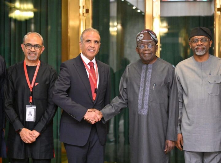 President Bola Tinubu with Chairman Airtel, Sunil Mittal; Chief Executive Officer Airtel, Dinesh Balsingh and the Chief of Staff, Femi Gbajabiamila at the Presidential Villa, Abuja on Thursday
