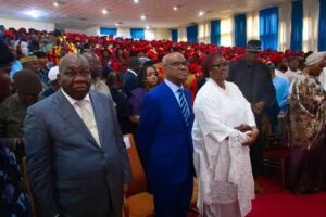 Justice Emmanuel Agim (3rd left), FCT Minister, Nyesom Wike (2nd left); wife of Senate President, Mrs Ekaette Unoma Akpabio (right) and other dignitaries during the 50th anniversary and convocation ceremony of UNICAL