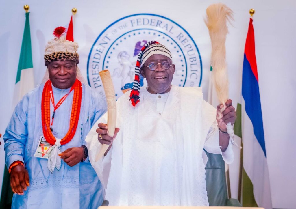 President Bola Tinubu and The President General, Akwa-Ibom State Council of Traditional Rulers, Nteyin Solomon Etuk, Okuibom Ibibio III, during a courtesy visit at the State House, Abuja