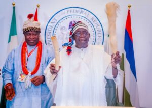 President Bola Tinubu and The President General, Akwa-Ibom State Council of Traditional Rulers, Nteyin Solomon Etuk, Okuibom Ibibio III, during a courtesy visit at the State House, Abuja