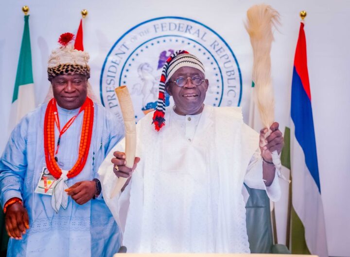 President Bola Tinubu and The President General, Akwa-Ibom State Council of Traditional Rulers, Nteyin Solomon Etuk, Okuibom Ibibio III, during a courtesy visit at the State House, Abuja