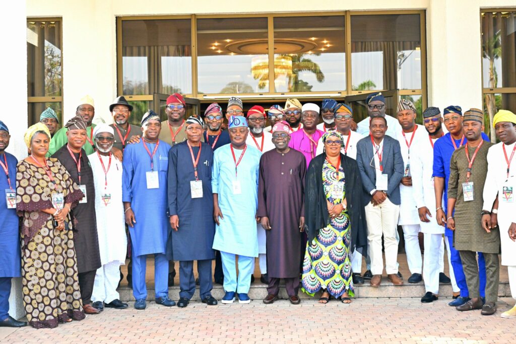 President Bola Ahmed Tinubu (middle), in a group photograph with Members of Lagos State House of Assembly, after a meeting at Presidential Villa Abuja on Wednesday