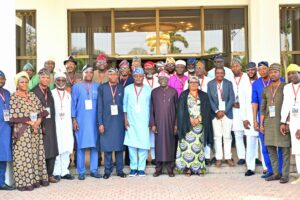 President Bola Ahmed Tinubu (middle), in a group photograph with Members of Lagos State House of Assembly, after a meeting at Presidential Villa Abuja on Wednesday