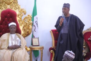 Borno State Governor Babagana Zulum during a traditional homage to the Emir of Biu, Mai Mustapha Umar Mustapha II, at his palace in Biu