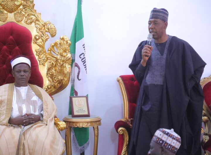 Borno State Governor Babagana Zulum during a traditional homage to the Emir of Biu, Mai Mustapha Umar Mustapha II, at his palace in Biu