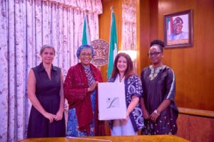 First Lady of the Federal Republic of Nigeria, Senator Oluremi Tinubu in a group photograph with the spouses of Heads of Missions to Nigeria in her office.