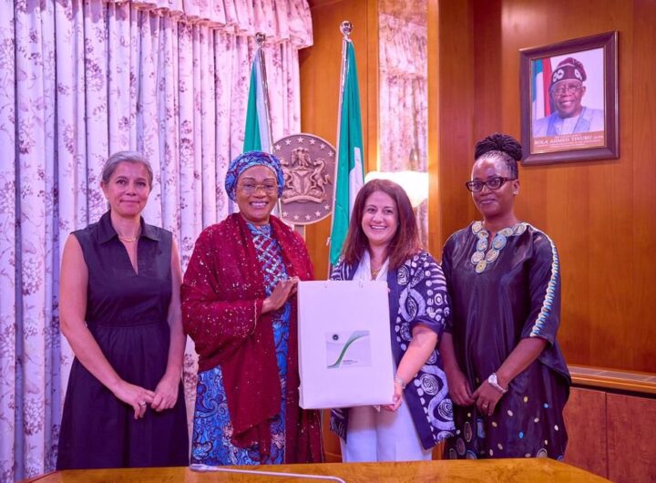 First Lady of the Federal Republic of Nigeria, Senator Oluremi Tinubu in a group photograph with the spouses of Heads of Missions to Nigeria in her office.