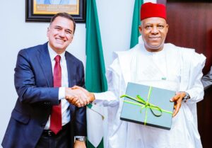 Ambassador of Brazil to Nigeria, Carlos Garcet and VP Kashim Shettima after the signing of the commercial phase of the GIP 1 at Presidential Villa, Abuja