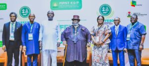 L-R: Executive Commissioner, HSEC, NUPRC, John Tonlagha; GM, FIRST E&P Development Company Limited, John Alamu; Minister of State for Petroleum Resources (Oil), Sen. Heineken Lokpobiri; Chairman, KEFFESO Host Communities Development Trust (KHCDT), HRH, Moses Theophilus; Deputy Manager, External Relations, NUIMS-NNPC, Olubunmi Lawson; Director, Legal Services, NCDMB, Barr. Naboth Onyesoh and Secretary, KHCDT, Hon. Matthew Sele-epri during the KEFFESO Stakeholders Forum held in Yenagoa, Bayelsa State, at the weekend.