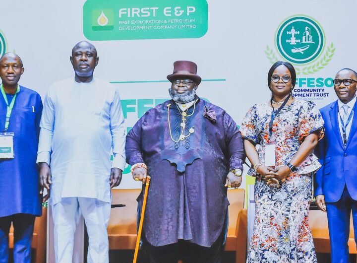 L-R: Executive Commissioner, HSEC, NUPRC, John Tonlagha; GM, FIRST E&P Development Company Limited, John Alamu; Minister of State for Petroleum Resources (Oil), Sen. Heineken Lokpobiri; Chairman, KEFFESO Host Communities Development Trust (KHCDT), HRH, Moses Theophilus; Deputy Manager, External Relations, NUIMS-NNPC, Olubunmi Lawson; Director, Legal Services, NCDMB, Barr. Naboth Onyesoh and Secretary, KHCDT, Hon. Matthew Sele-epri during the KEFFESO Stakeholders Forum held in Yenagoa, Bayelsa State, at the weekend.