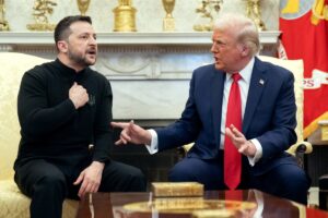 US President Donald Trump and Ukraine’s President Volodymyr Zelensky meet in the Oval Office of the White House in Washington, DC, February 28, 2025. (Photo by SAUL LOEB / AFP)