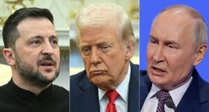 This combination of pictures created on March 18, 2025 shows, L-R, Ukraine’s President Volodymyr Zelensky in the Oval Office of the White House in Washington, DC, February 28, 2025, US President Donald Trump in the Oval Office of the White House in Washington, DC, February 28, 2025 and Russian President Vladimir Putin in Moscow on March 18, 2025. Photo by SAUL LOEB and Maxim Shemetov / various sources / AFP)
