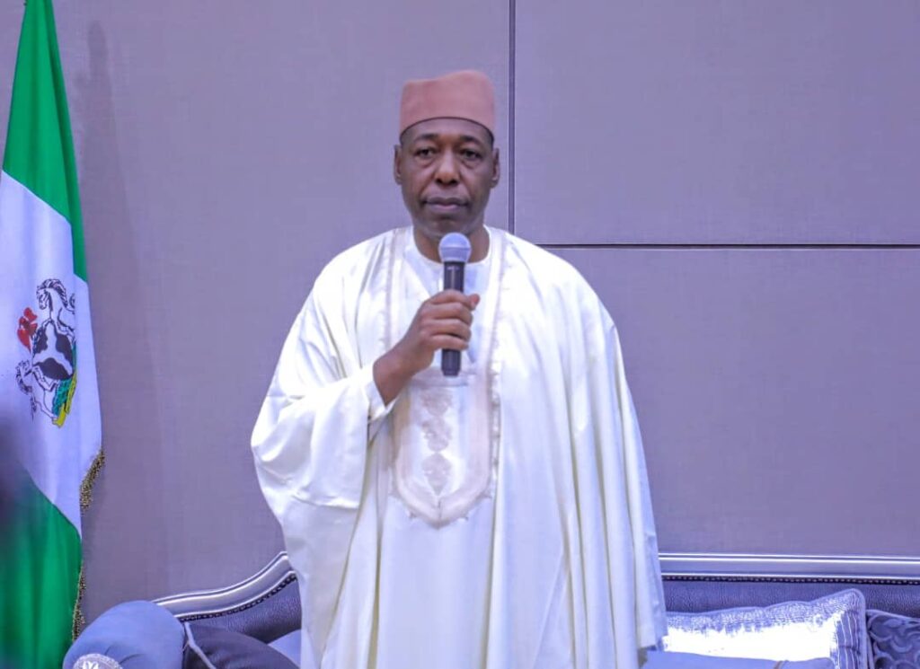 Sahel think-tank on security meets Zulum to study Borno Model 4 Borno State Governor, Babagana Zulum addressing members of Alliance of Sahel Institute for Security Studies during a meeting in Maiduguri