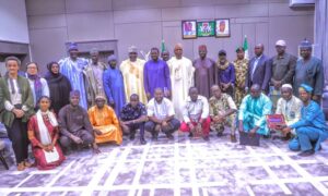 Borno State Governor, Prof. Babagana Zulum in a group photograph with members of Alliance of Sahel Institute for Security Studies, along with members of the Norwegian Institute for Conflict Resolution during a visit to Government House, Maiduguri