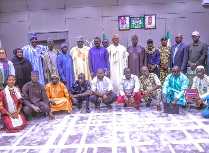 Borno State Governor, Prof. Babagana Zulum in a group photograph with members of Alliance of Sahel Institute for Security Studies, along with members of the Norwegian Institute for Conflict Resolution during a visit to Government House, Maiduguri