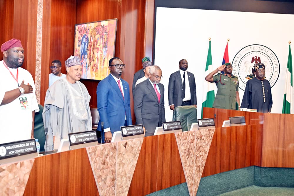 L-R: Chairman senate committee, NNDC, Asuquo Ekpenyong; Minister of Information and National Orientation Mohammed Idris; Minister for Youth Development Ayodele Olawande; Chief of Staff to the President Femi gbajabiamila, and President Bola Ahmed Tinubu, during the Inauguration of the Planning Committee for the National Youth Conference, held at the Presidential Villa Abuja on Monday.