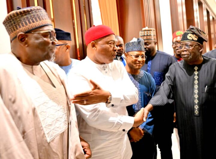 L-R: Kwara State Governor, Abdulrahman AbdulRazaq; Imo State Governor, Hope Uzodimma; Kaduna State Governor, Uba Sani and President Bola Ahmed during the breaking of Ramadan fast at the Presidential Villa Abuja