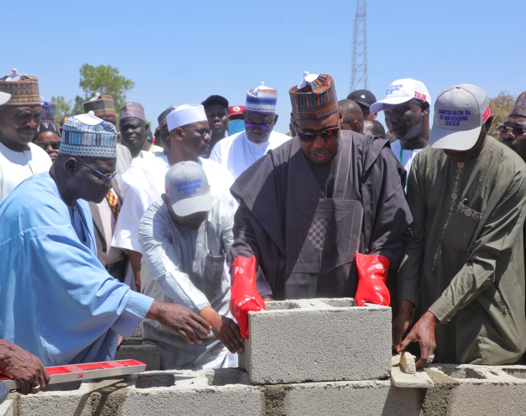 Governor Zulum laying the foundation stone for the construction of the school building