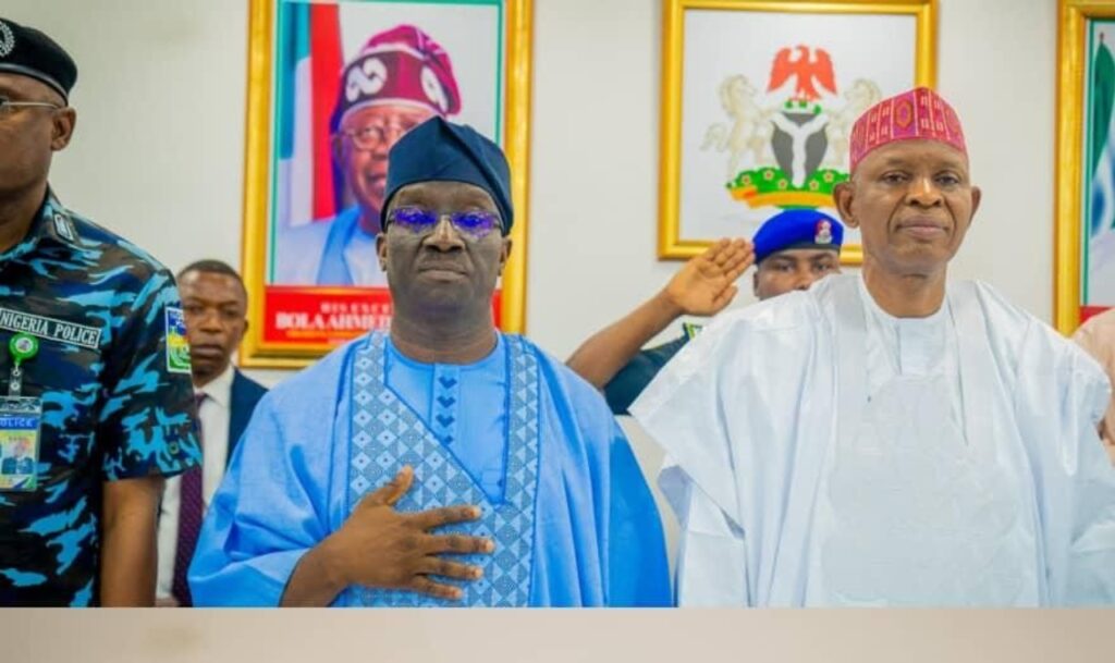 Govs Monday Okpebholo (L) and Abba Yusuf in Kano State on Monday, March 31, 2025