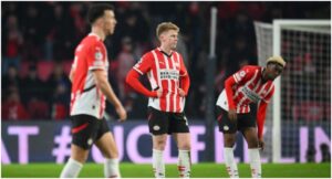 PSV Eindhoven’s Croatian forward #05 Ivan Perisic reacts during the UEFA Champions League round of 16 first leg football match between PSV Eindhoven (NED) and Arsenal FC (ENG) at the the PSV Stadion, in Eindhoven, on March 4, 2025. (Photo by JOHN THYS / AFP)