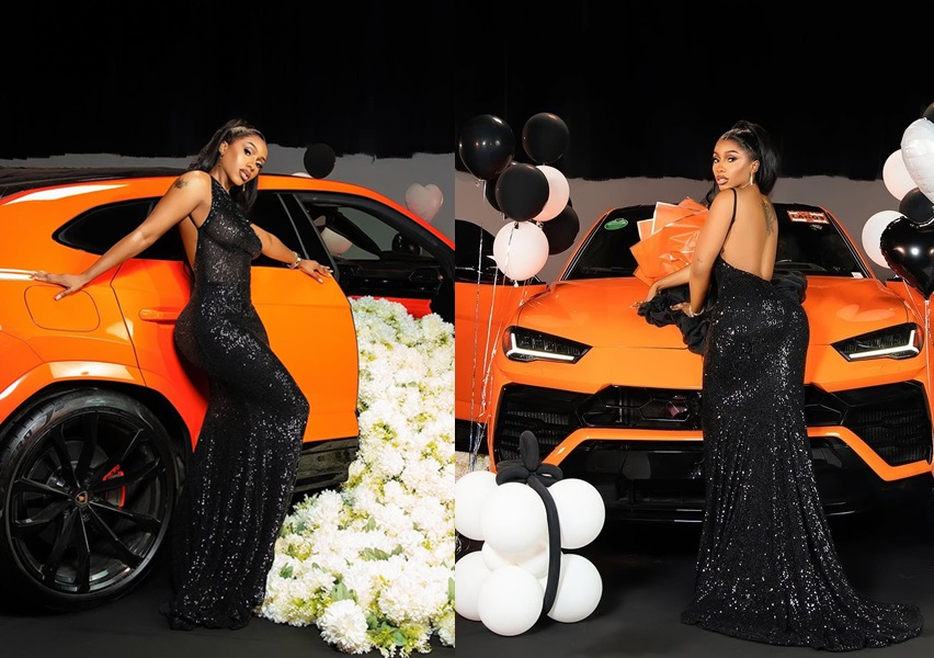 Mercy Ike displays her newly acquired Lamborghini