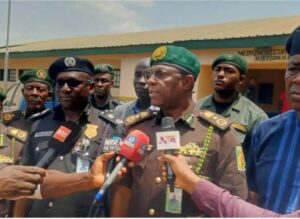 Acting Controller-General of Nigeria Correctional Service (NCoS), Mr Sylvester Nwakuche, addressing newsmen during an assessment visit to Konton Karfe prison, in Kogi.