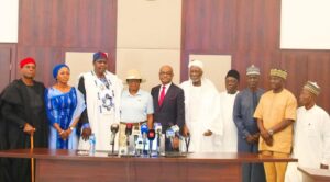 FCT Minister, Nyesom Wike in a group photograph with the newly constituted Board of Trustees for the Ibrahim Badamasi Babangida (IBB) Golf Club.