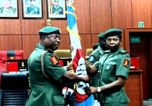 New acting Nigerian Army spokesperson Lt.-Col. Onyechi Anele and the out going spokesman, Maj.-Gen. Onyema Nwachukwu