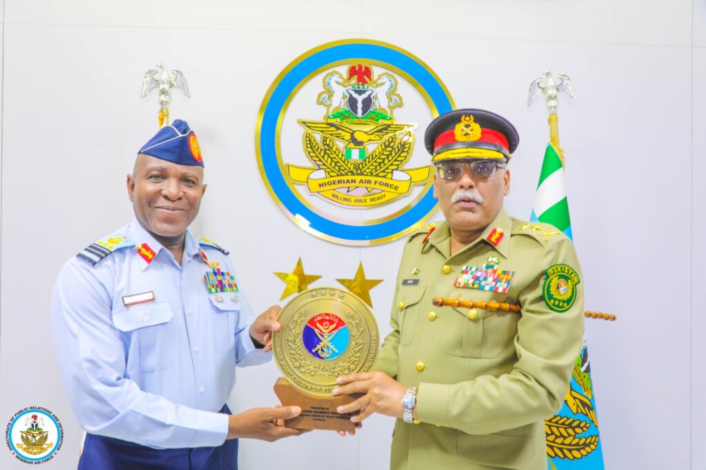 Chief of the Air Staff (CAS), Air Marshal Hasan Bala Abubakar and the Chairman Joint Chiefs of Staff Committee of the Islamic Republic of Pakistan, General Sahir Shamshad Mirza, during a courtesy visit at the Headquarters of the Nigerian Air Force (NAF) in Abuja